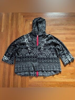 Free People Oversized Boho Black and Gray Hooded Knit Pullover